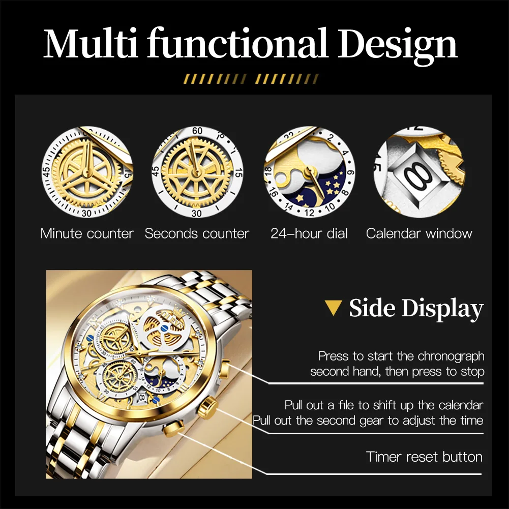 OLEVS New Fashion Skeleton Style Quartz Watch for Men Stainless Steel Multifunction 24 Hour Moon Phase Chronograph Watches Mens