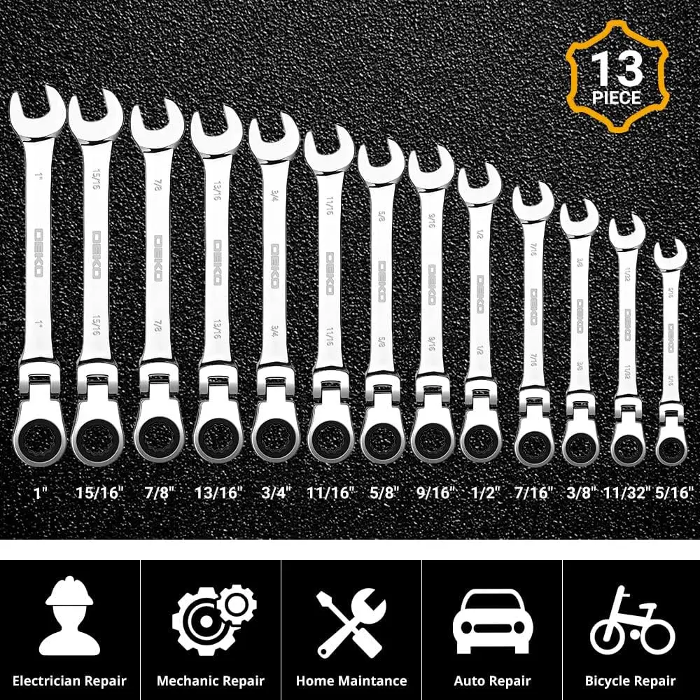 DEKO 13-piece Flex-Head Ratcheting Combination Wrench Set 5/16"-1" SAE 72-Tooth Cr-V Ratche Wrenches with Roll-up Pouch