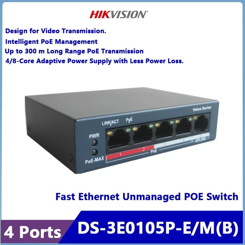 

4 HIKVISION 4 Port Fast Ethernet Unmanaged POE Switch DS-3E0105P-E/M(B)