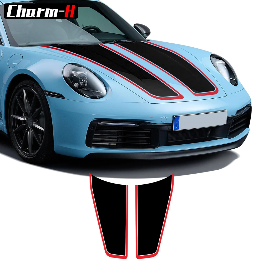 

Black-Red Car Hood Sticker Racing Stripe Kit For Porsche 911 997 996 GT3 GT2 RS Bonnet Graphic Vinyl Decal