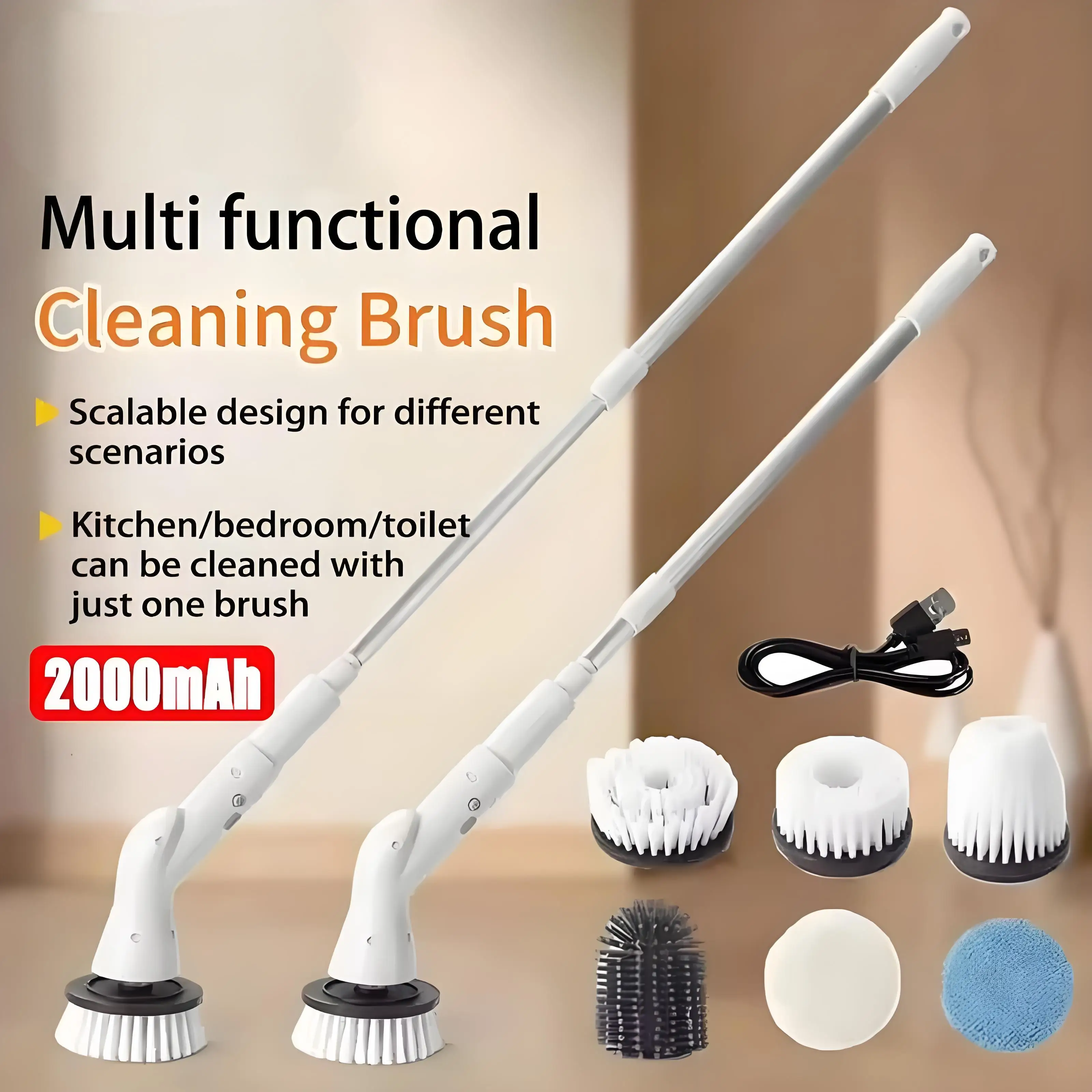 New 2000mAh 6-in-1 Electric Cleaning BrushWireless Electric Rotary Clean Brush Shower Clean Brush Kitchen Bathroom Home