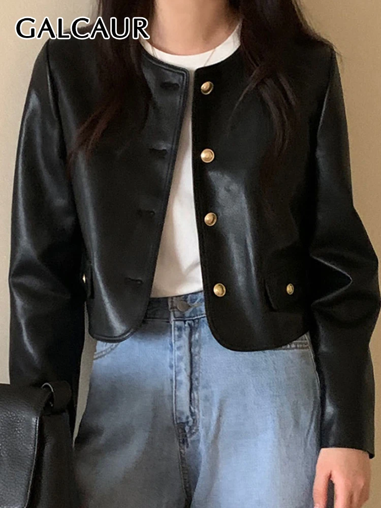 

GALCAUR Pu Leather Coats For Women Round Neck Long Sleeve Patchwork Single Breasted Vintage Solid Loose Jackets Female 2023 New