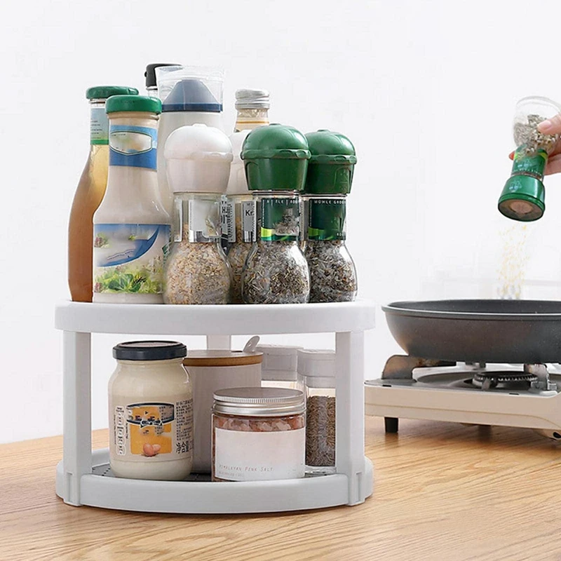 

2 Tier Non Skid Condiment Rotating Storage Rack,360° Rotating Seasoning Organizer, For Pantry Cabinet, Kitchen 25.5X10.5Cm