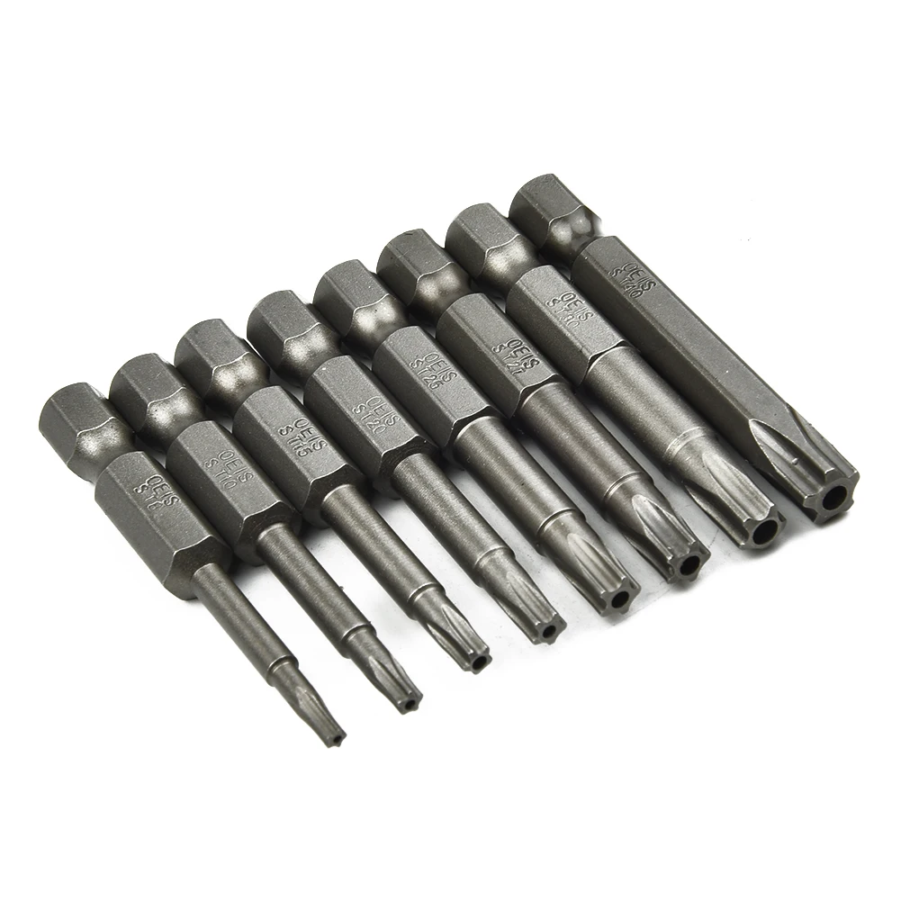 8 stücke 50mm 5 Punkt Torx Stick Bit Set 1/4 "Hex Schaft Elektrische Schraubendreher Bit Kit T8-T40 Power werkzeuge Mit Mitte Loch – Detail 2