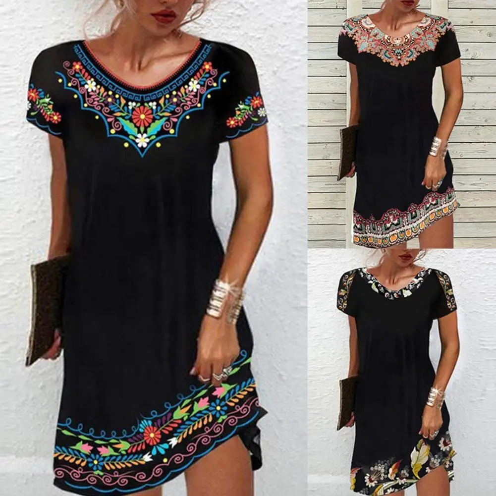 

Fashion Ethnic Style Dress O Neck Embroidery Flowers Bohemia Mid Dress Femme Vintage Casual All-match Streetwear for Dating