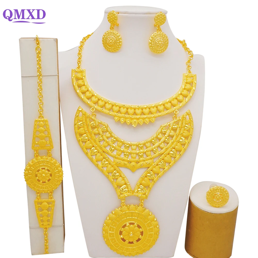 

Luxury Dubai Jewelry Sets For Women African Ethiopian Big Round Necklace Sets Gold Color Circle Pendant Arab Bridal Wedding Sets