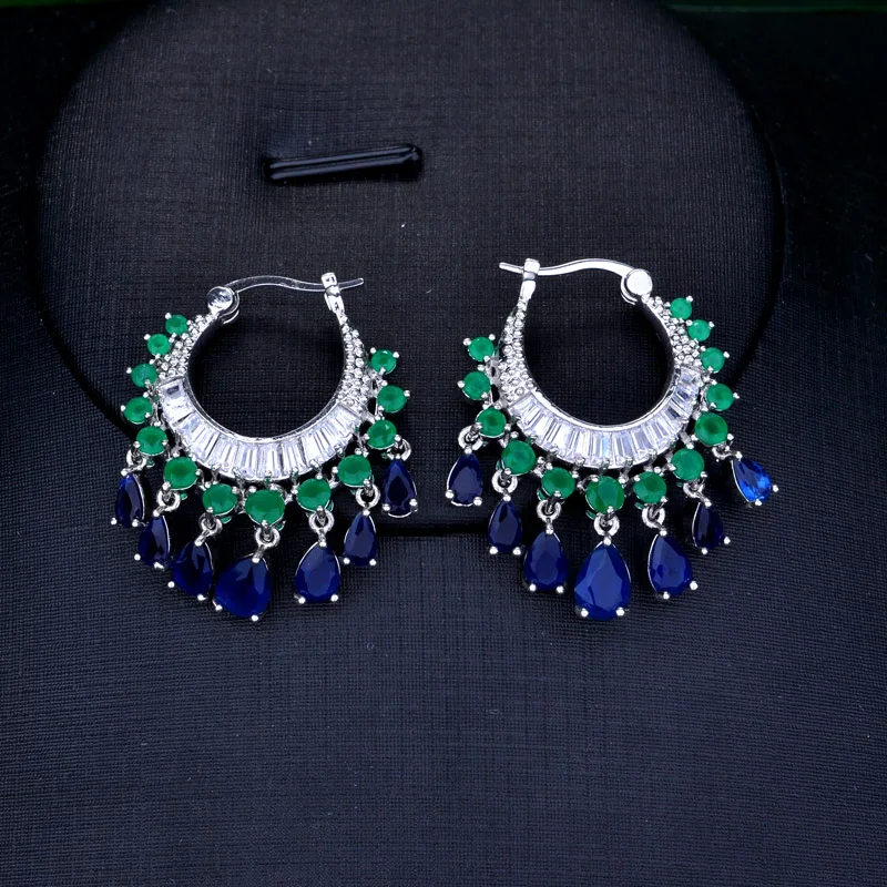 

Fashion Elegant Water Drop Green Blue Mirco CZ Hoop Earrings Bridal Wedding Women Accessories brincos para as mulheres E-899