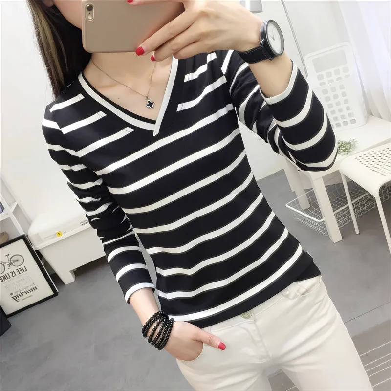 Women Striped V Neck Long Sleeve T Shirts