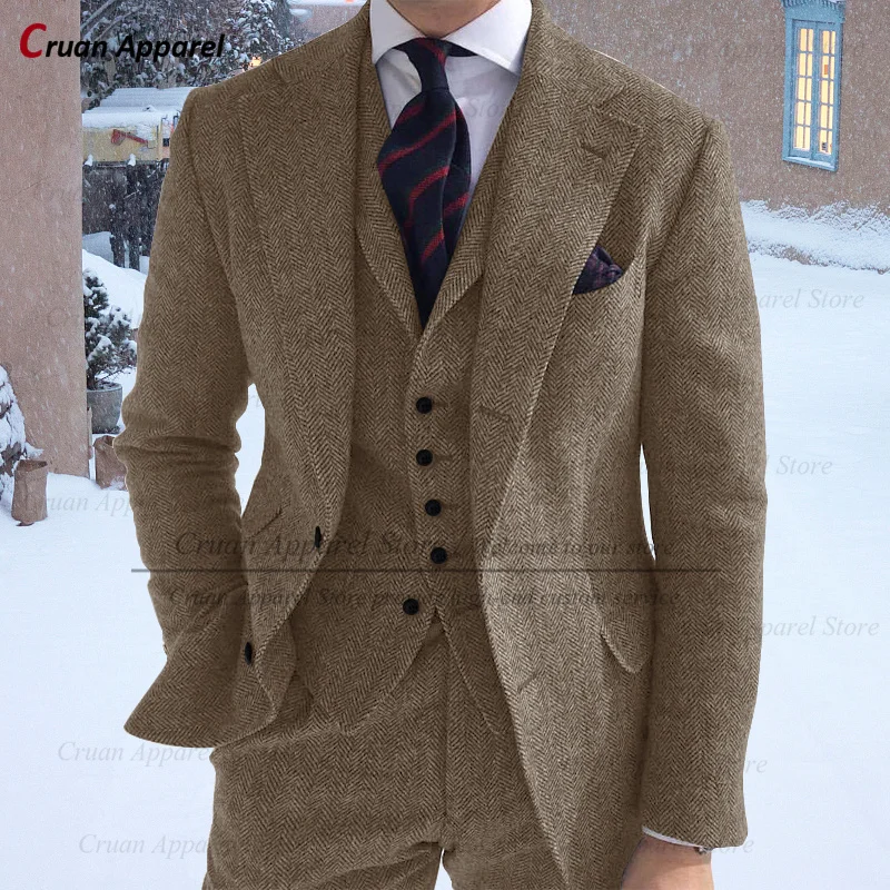 Herringbone Suit Men 3 Pieces Formal Business Tweed Tuxedo for Men Tailor-made Retro Wedding Suit Jacket Vest Pants Set