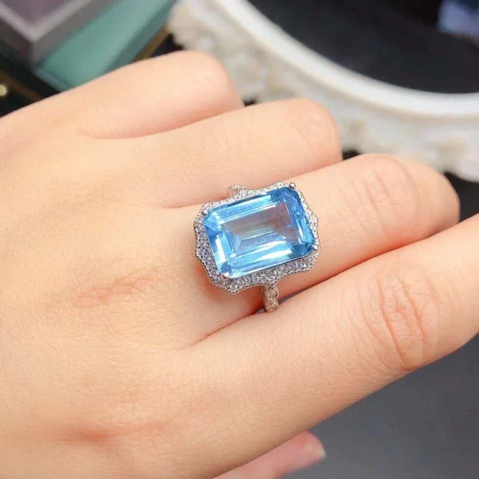 

Light Blue Topaz Silver Ring for Woman 10mm*14mm 8ct VVS Grade Natural Topaz Ring for Party 18K Gold Plating Gemstone Jewelry