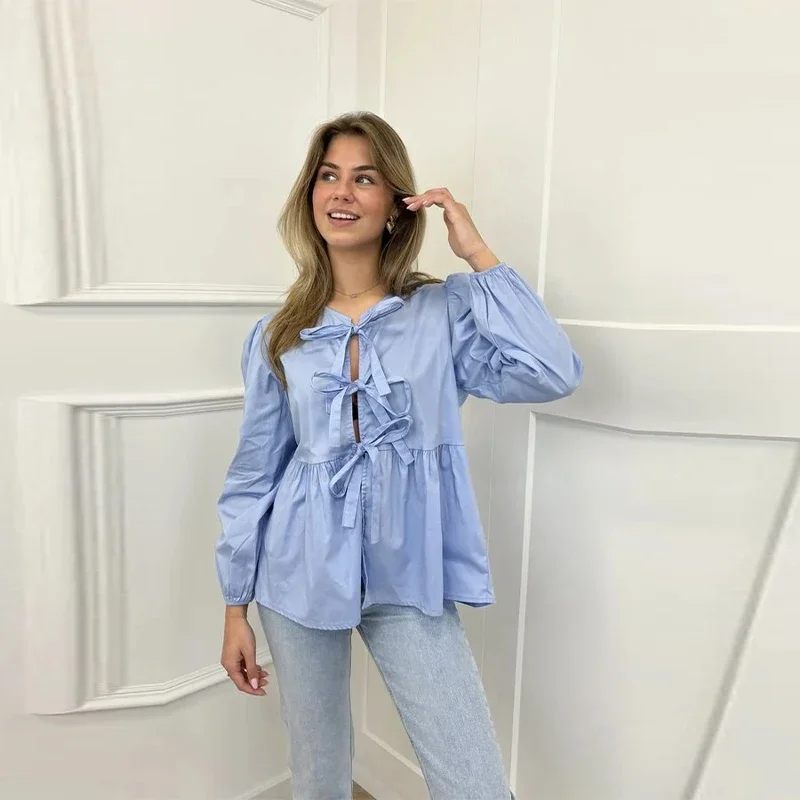 S42095fc8d10d4ca09b7f5bf67f3703ccG Fashion Leopard Print Bow Women Shirts Casual Long Sleeve O-neck Lace Up Blouses Spring Summer Retro Hollow Out Female Top Mallzona