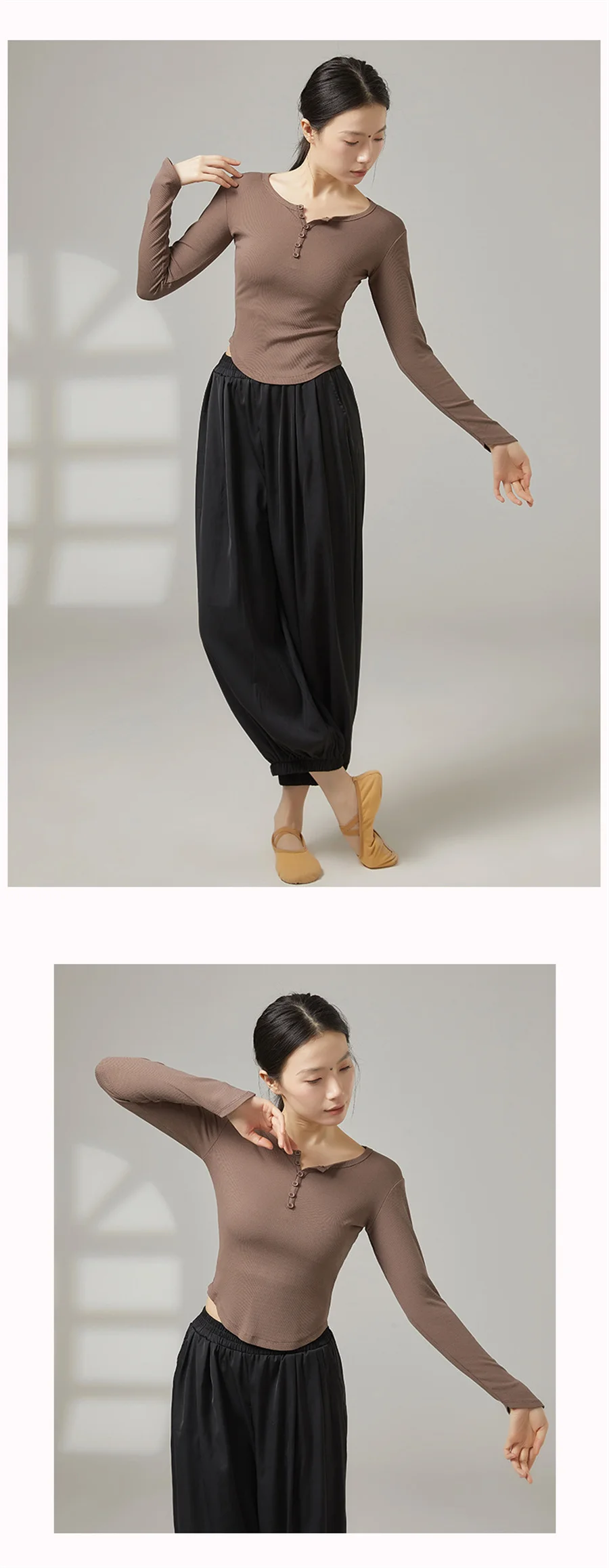 Modernes Damen-Tanzoberteil aus Viskose, gerippter Strick, hohe Dehnbarkeit, atmungsaktiv, V-Ausschnitt, schmale Passform, Ballett-Tanzoberteil, Yoga-Shirt, Bühnenauftritt – Detail 8