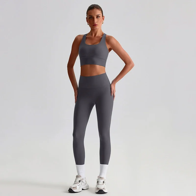 Naked Feel Yoga Set Women Fitness Sportswear 2 Piece Strappy Sports Bra High Waist Gym Leggings Workout Outfit Active Wear sports bra set gym workout set yoga pants set yoga set fitness set sportswear set sports set