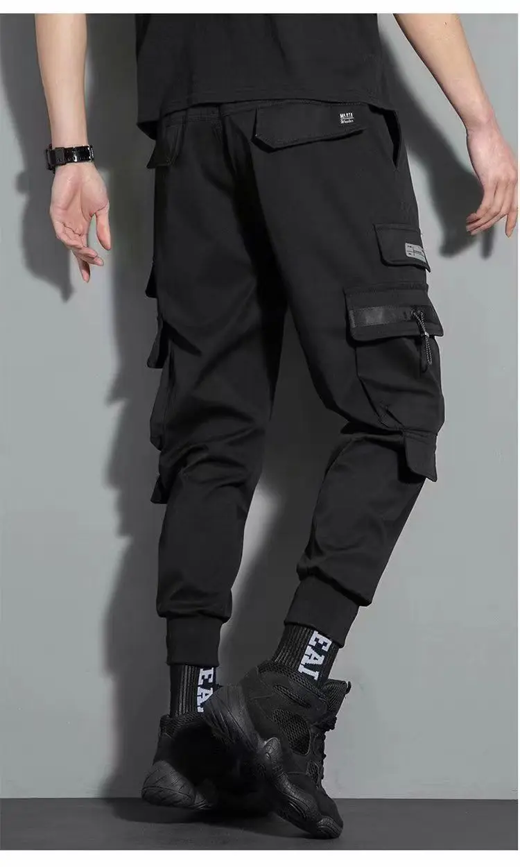 Thin Streetwear Casual Pants Men Ribbons Harem Jogging Pants Male Slim Fit Spring Cargo Pants Multi-Pockets Women Trouser J9 5