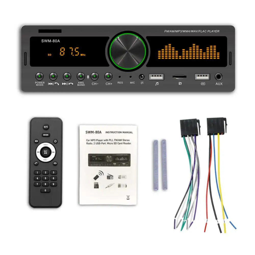 자동차 라디오 멀티미디어 핸즈프리 MP3 플레이어, FM AM 오디오, 12V, USB, SD, AUX 입력 대시 로케이터, 자동 스테레오 헤드 유닛, 1Din