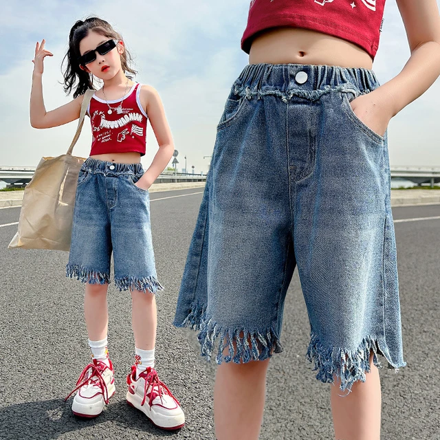 Girls' Denim Shorts, Girls' Denim Skirts, Girls' Denim Pleated Skirts,  Girls' Cute Style Shorts, Blue Denim Floral Shorts, Elastic Waist Shorts,  Loose Fitting Shorts, Suitable For Daily Wear, Suitable For Summer Or