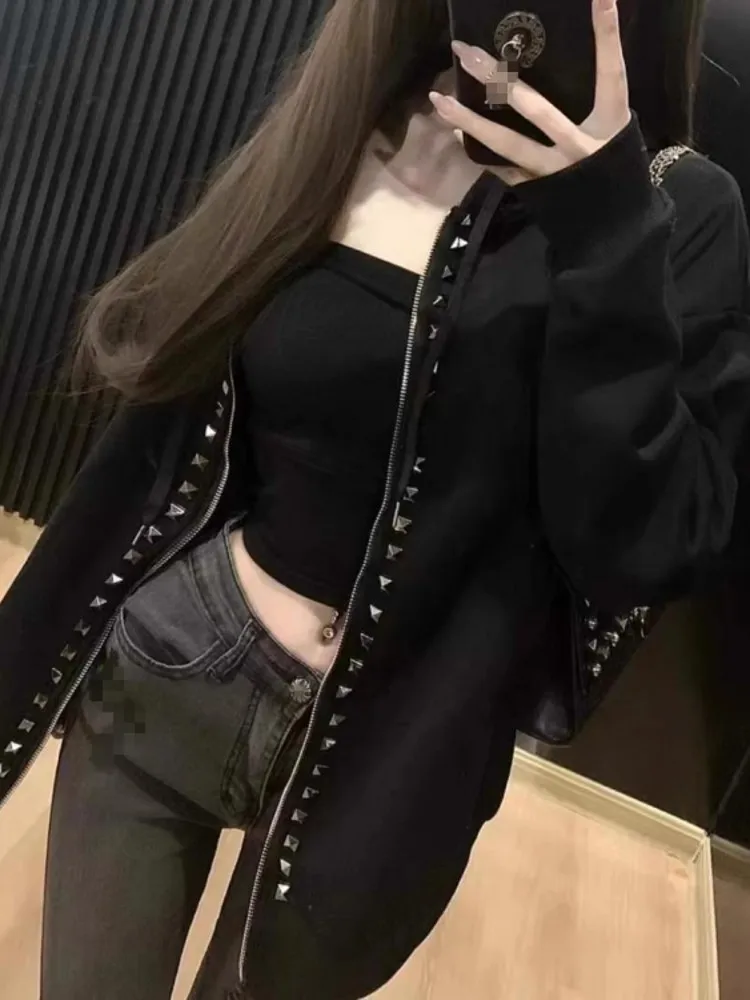 남성용 루즈핏 리벳 후드 재킷, 유니섹스 힙합 코트, 플리스 안감 재킷, 캐주얼 스트리트웨어, 가디건, 스웻셔츠 상의, 가을