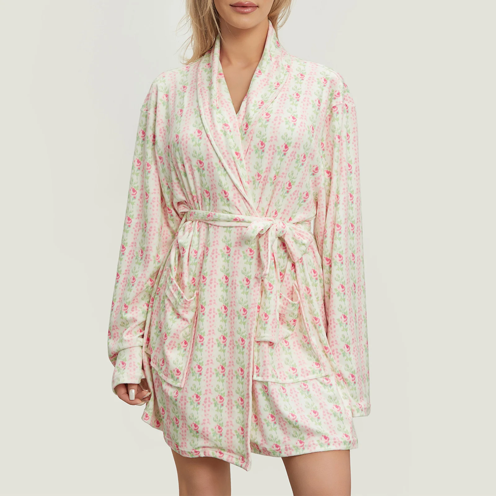 Imcute Women Y2k Fruit Plush Robe Floral Print Shawl Collar Open Front Bathrobe with Belt Spa Kimono Nightgown Loungewear