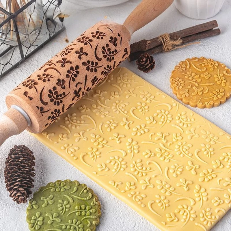 Wooden Printed Rolling Pin for Baking Cookies and Pastries