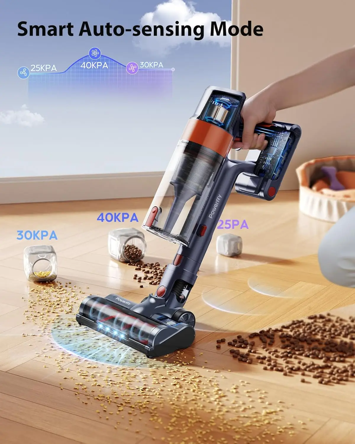 Vacuum Cleaner, 40Kpa Stick Vacuum Cleaner 450W Powerful Cleaner, Up to 55 Mins Runtime 1.5L Dust Cup Lightweight Cordles