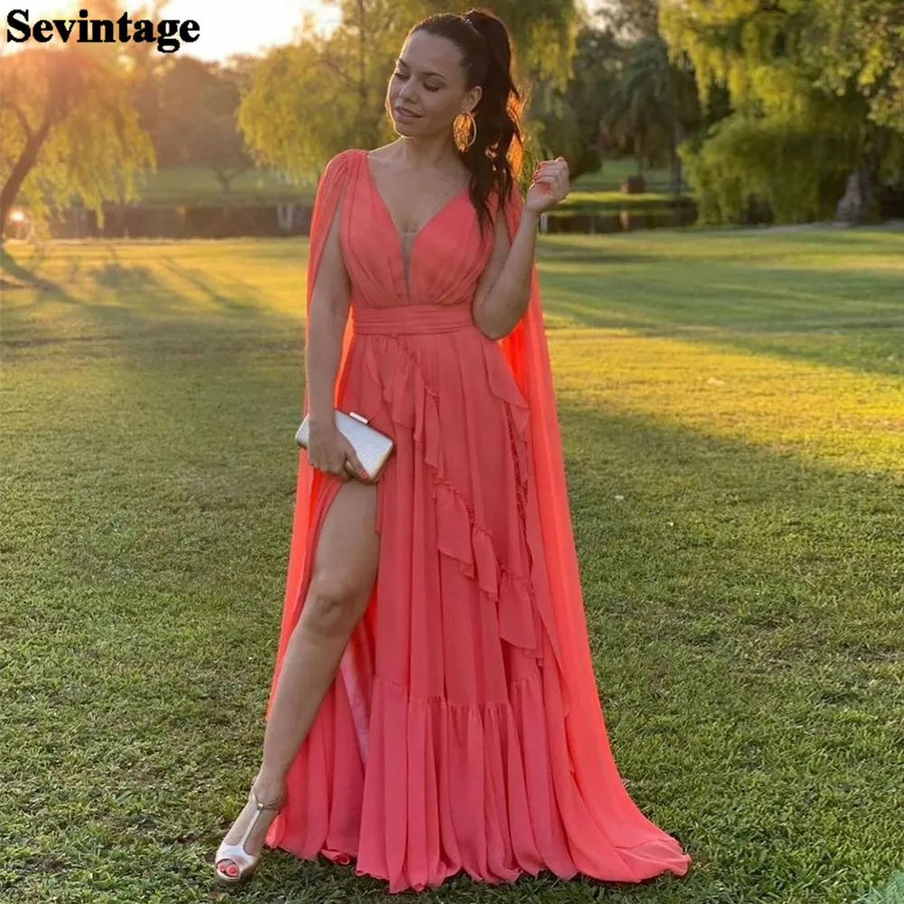 

Sevintage A Line Chiffon Long Prom Dresses V-Neck Tiered Dubai Formal Evening Party Dress High Slit Night Club Prom Gowns 2022