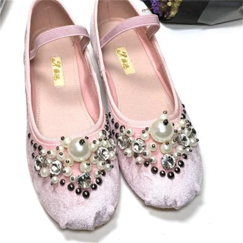 

Женская обувь Стразы, женские Балетки с круглым носком, ремни, женские жемчужные, на плоской подошве, бархатная женская обувь с бусинами