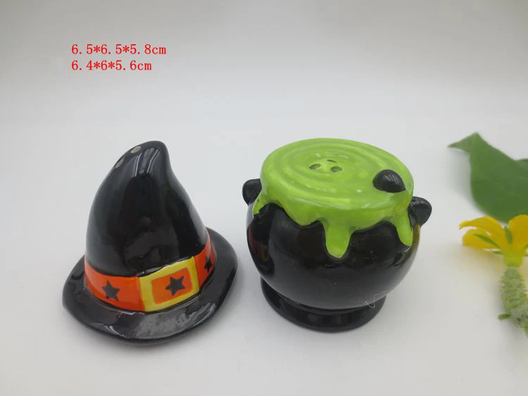 Ceramic salt and pepper shakers set Scarecrow gingerbread man skull witch's hat owl black cat rooster cook mushroom