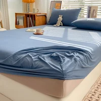 Simple Solid Color Blue Fitted Sheet Set 3Pcs Japanese Style Mattress Cover Skin-friendly Breathable Queen Size Bedding Set 5