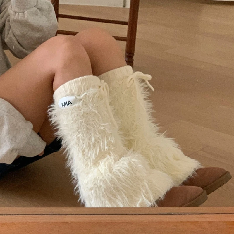 Womens Y2K Girls Winter Furry Leg Warmer wtih Drawstring Furry Plush Boot Cover T8NB