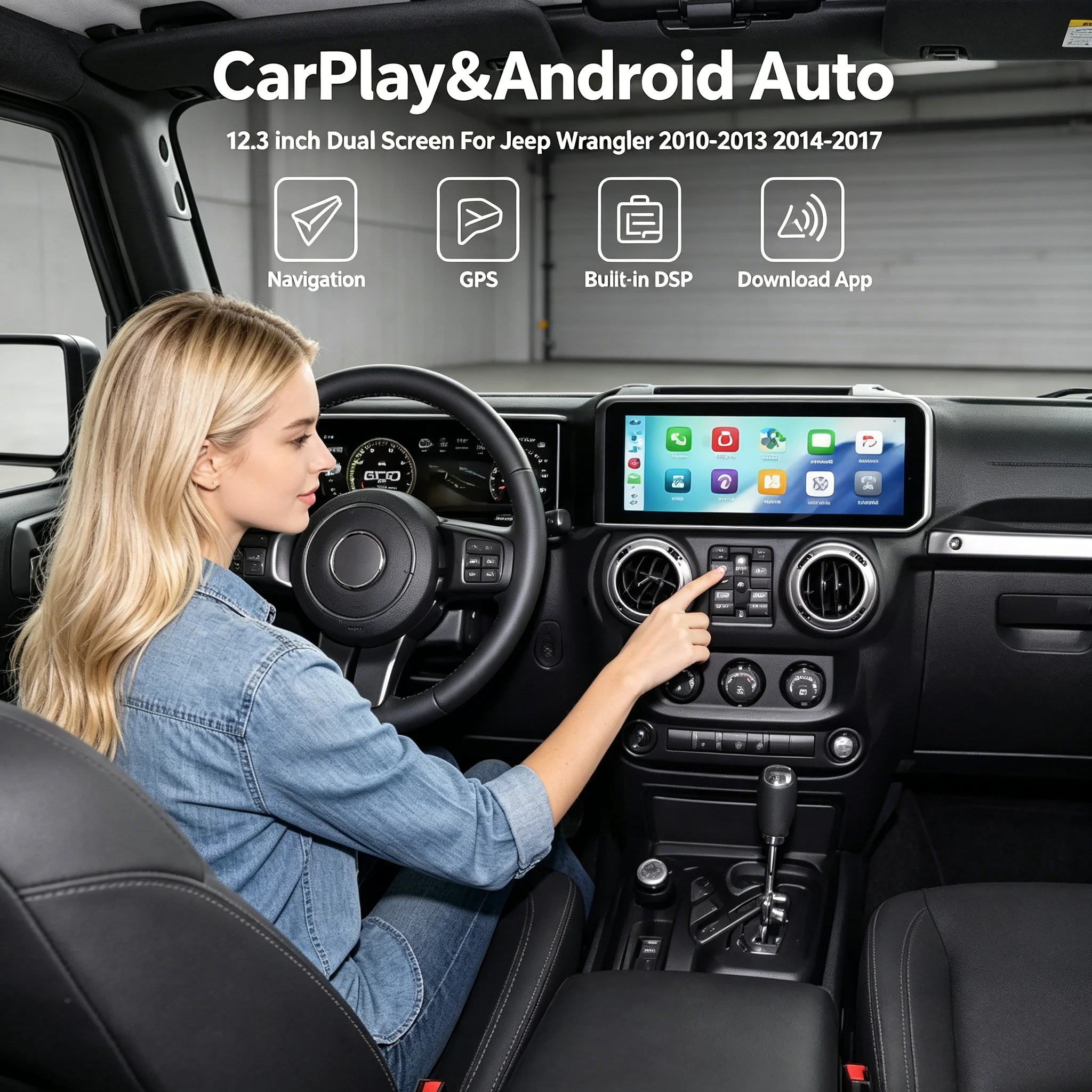 Estéreo Android de 24.6 pulgadas con pantalla dual y Carplay para Jeep Wrangler JK 2010-2017, reproductor multimedia para automóvil, radio digital para auto. 1