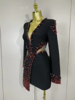 Women Celebrity Sexy Long Sleeve V Neck Rhinestone Black Bandage Dress 2025 Elegant Evening Club Luxury Birthday Party Dresses - Image 2