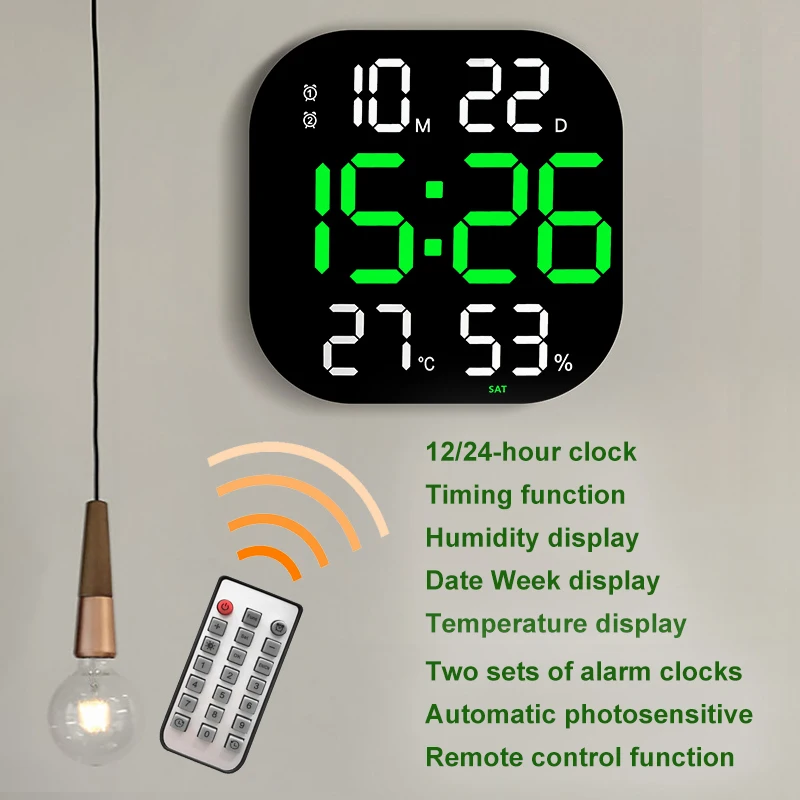 13inch LED Large Digital Wall Clock Remote Control TEMP Humidity Week Auto Dimmer 12/24H Alarm Clock For Home Office Decor wall clock digital wall clock