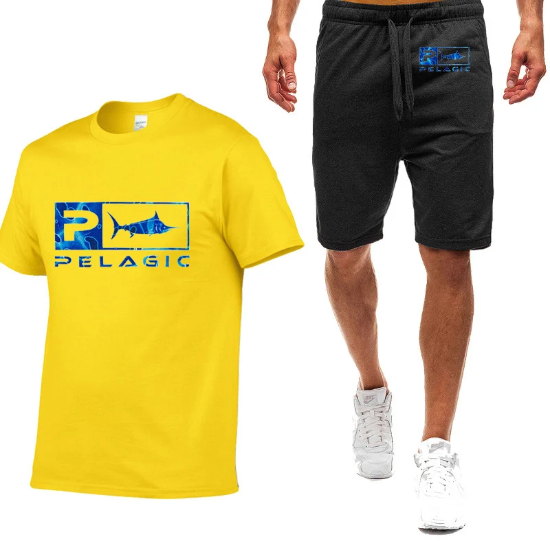 2023 new men's summer ocean fishing Logo printing 2-piece casual T-shirt short solid color short sleeve fashion high quality swe
