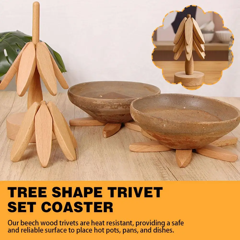 

2023 New Wooden Trivets For Hot Dishes Tree Shape Trivet Set Coaster For Teapot Hot Pots R6X5