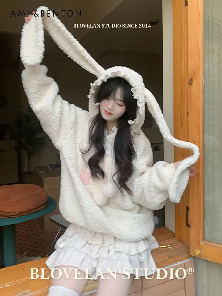 

Милые женские толстовки с капюшоном из меха ягненка с кроличьими ушками, женская зимняя толстовка с капюшоном с милым принтом и меховым помпоном в стиле преппи Y2K