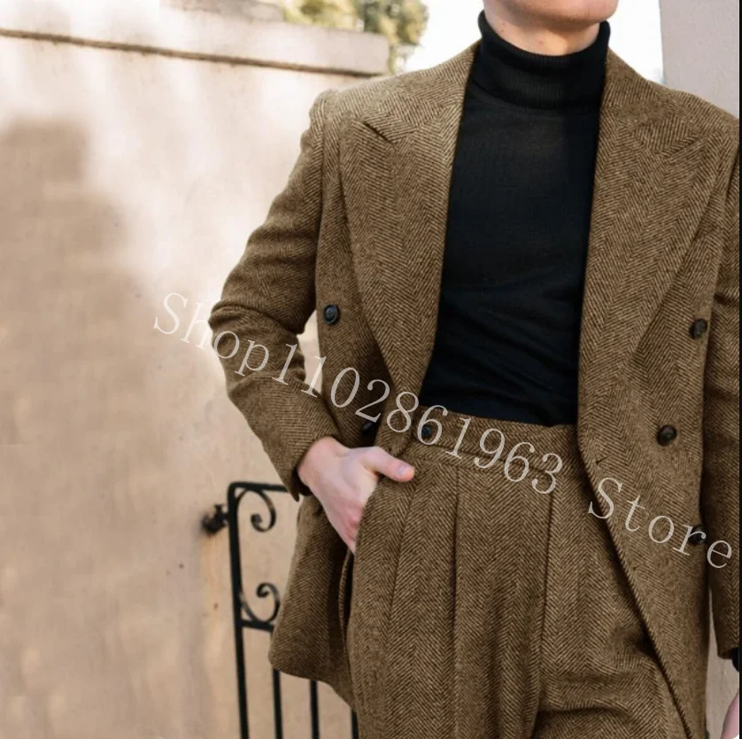 Gray Herringbone Tweed Men Suits 2 Pieces Fall Winter Suits Peak Lapel Double Breasted Best Men Groom Tuexdos Costume Homme