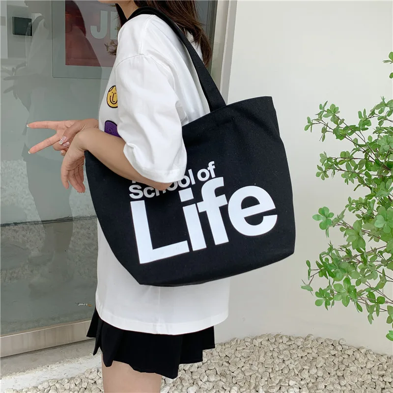 Canvas Tote Large Capacity Shoulder Bag 2023 New Preppy Style Letter Printed Pattern Daily Commuter Trendy Shopping Storage Bag
