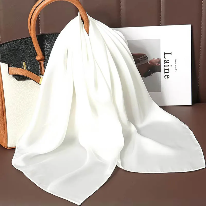Luxus Einfarbig Seide Quadrat Schal Frauen Weiche Satin Pferd Haarband Halstuch Büro Hijab Stirnband Foulard Tasche Bänder Geschenk – Detail 6