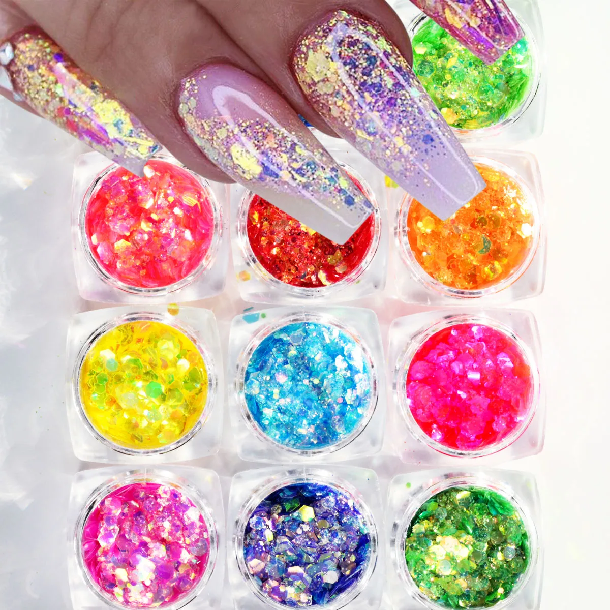 

12 Color/Set Gradient Mermaid Flake Nail Glitter Hexagon Holo Sequins Powder 3D Manicure Nail Art Paillettes Decoration Tips #D1