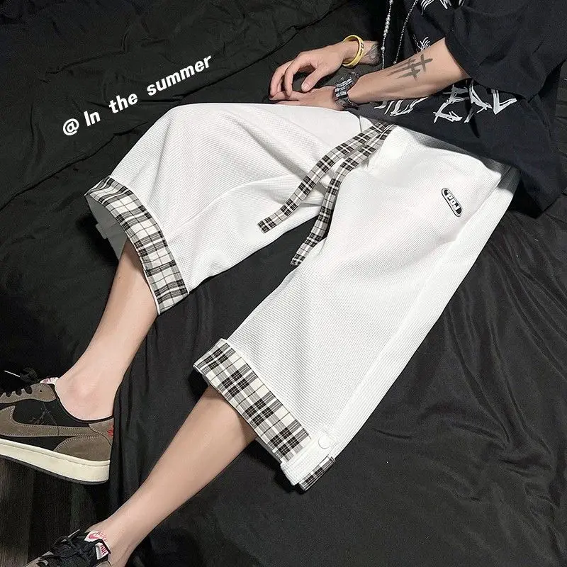 New Summer Waffler Men's Loose Shorts Simplicity Casual Drawstring Elastic Waist Rolled Edge Straight Wide Leg Calf Length Pants