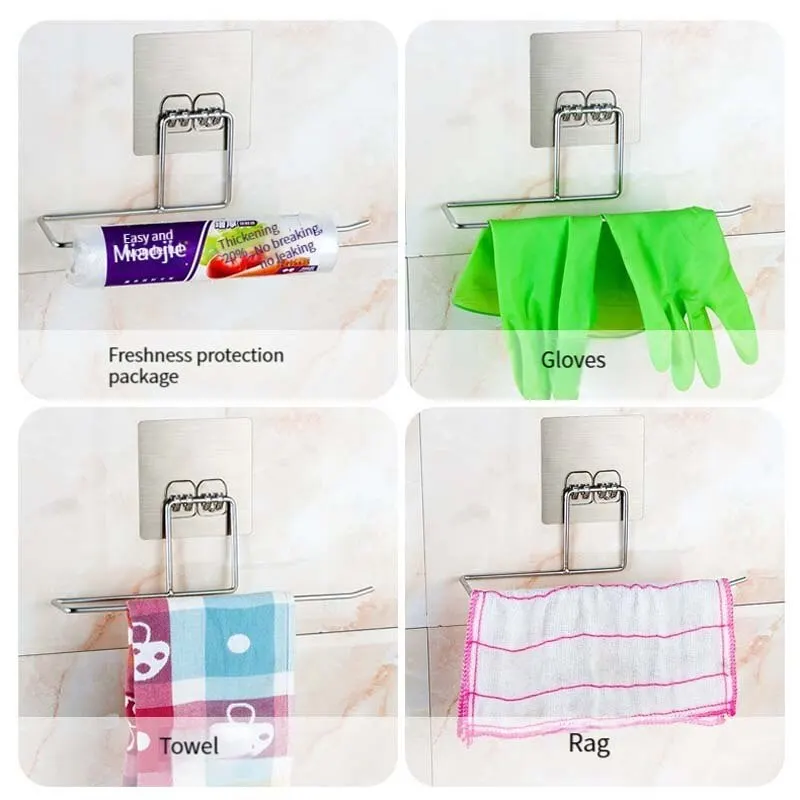 Non-Porous Self-Adhesive Stainless Steel Dishcloth Paper Towel Rack Kitchen Bathroom Towel Storage Rack Roll Paper Hanging