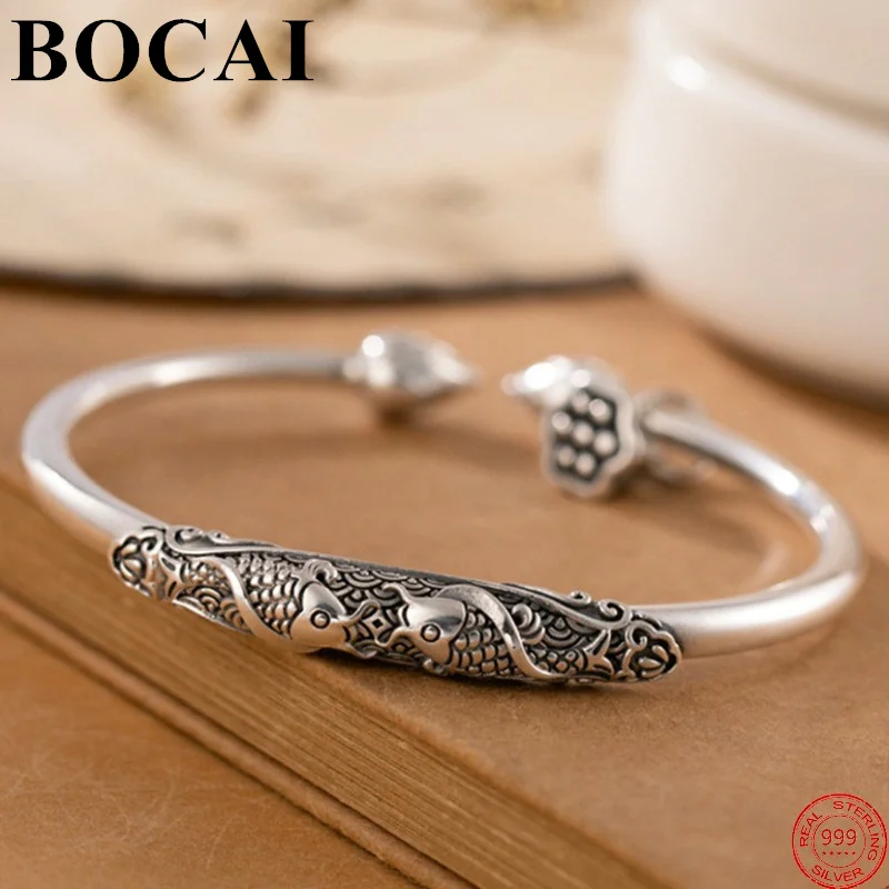 

BOCAI S999 Sterling Silver Bracelets 2022 Popular Double Fish Lotus Seed Bangle Pure Argentum Hand Ornament Jewelry for Women