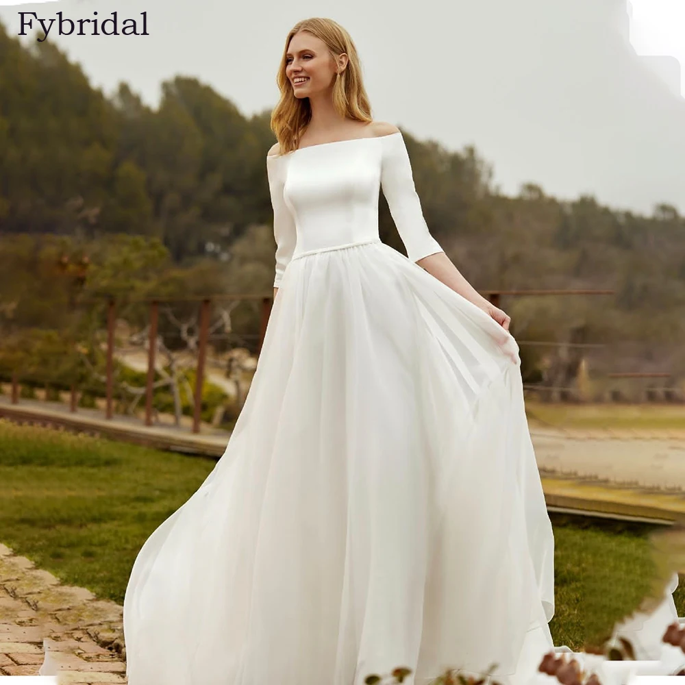 

Elegant Wedding Dress Half Sleeve Boat Neck Satin Chiffon A Line Bride Dress Simple Robe De Mariee Vestidos De Novia Customize