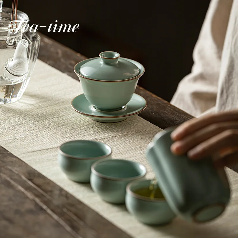 120ml Retro Azure Porcelain Tea Tureen Ru Kiln Sancai Cover Bowl Household Tea Maker Cup Saucer Can Raise Kungfu Teaset Gift Box