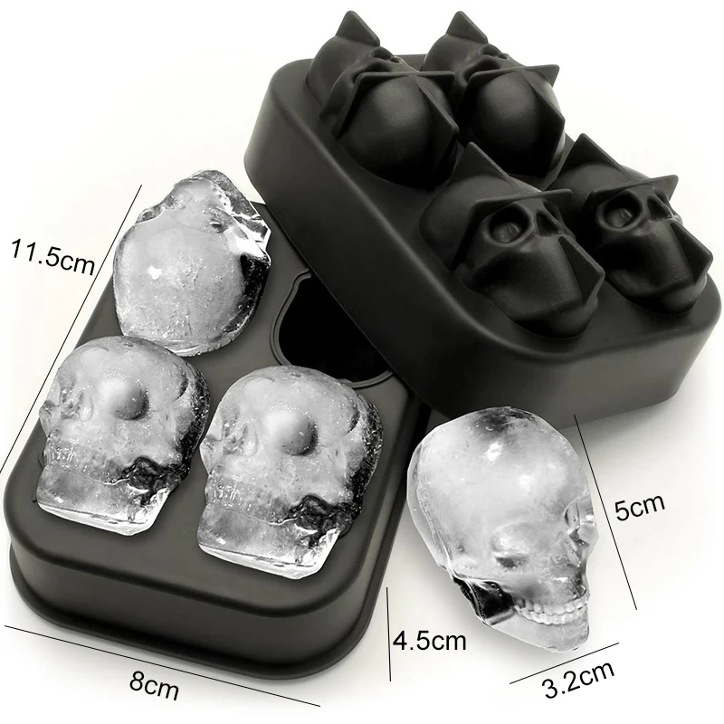 3D Skull Black Flexible Shape Ice Cube Tray Mold Silicone Whiskey Ice Ball  Maker