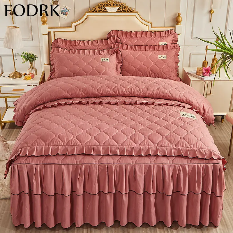 

4pcs Bed Sheet 2 People Bedding Set Twin Size Double Skirts Bedspread Linen 2 Bedrooms Winter Quilted Bedsheet Queen Solid Color