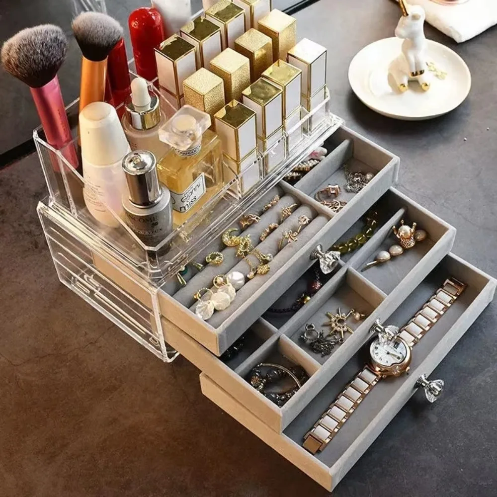 Velvet Acrylic Jewelry Organizer with 3 Drawers Stackable Display Storage Earrings Necklace Bracelets Box Holder Case for Women 6