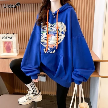 여성 레터 러브 프린트 후드 스웨터, 루즈한 오버사이즈 스포츠, 심플한 패션, 긴팔, 레저, 용수철 가을, 2023