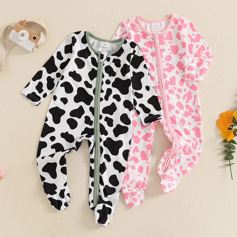 Pudcoco Baby Girls Boy Footed Pajamas Cow Pattern Zipper Long Sleeves Jumpsuit for Loungewear Sleepwear 0-12M