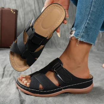 2026 Summer Women Wedge Slippers Premium Orthopedic Sandals Vintage Anti-Slip Leather Slippers Platform Retro Shoes Slides Women